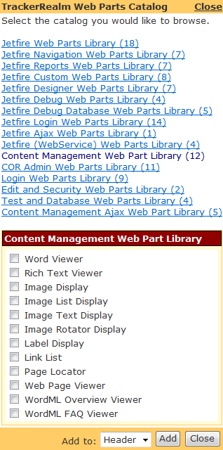 Figure 1: TrackerRealm Web Parts Catalog