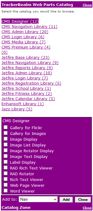 Figure 1: TrackerRealm Web Parts Catalog
