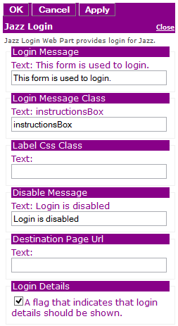 Jazz Login form showing details