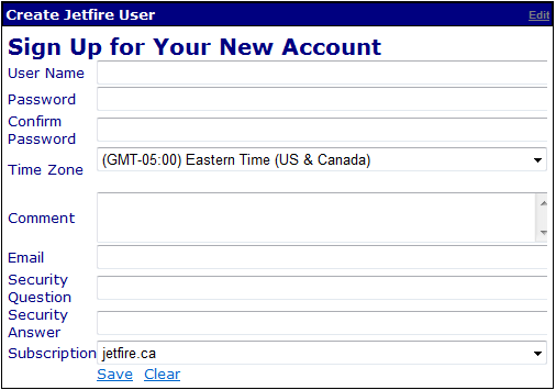 Figure 1: Jetfire New User form